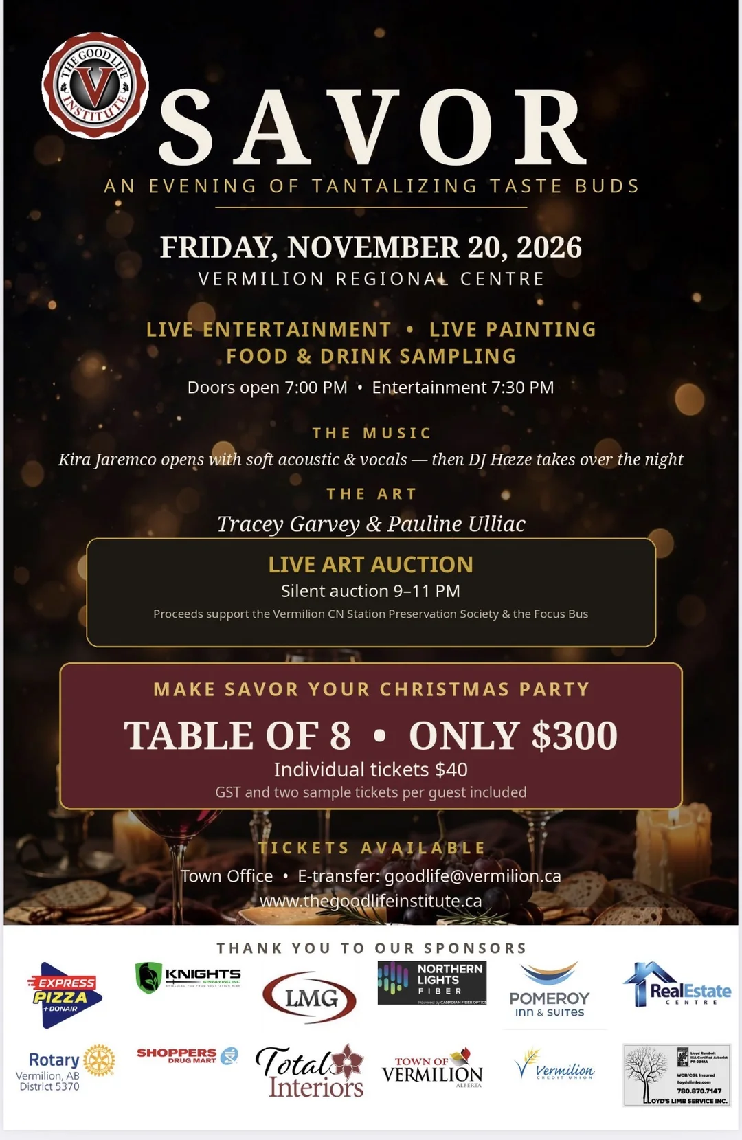 SAVOR 2026 launch poster: Friday, November 20, 2026 at the Vermilion Regional Centre